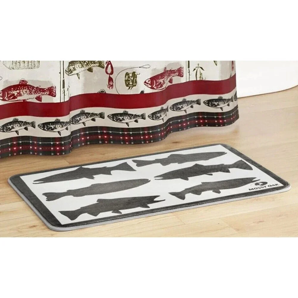 Mossy Oak Ghillie Memory Foam Bath Rug Fish Motif Lake House Vibe Cream Brown